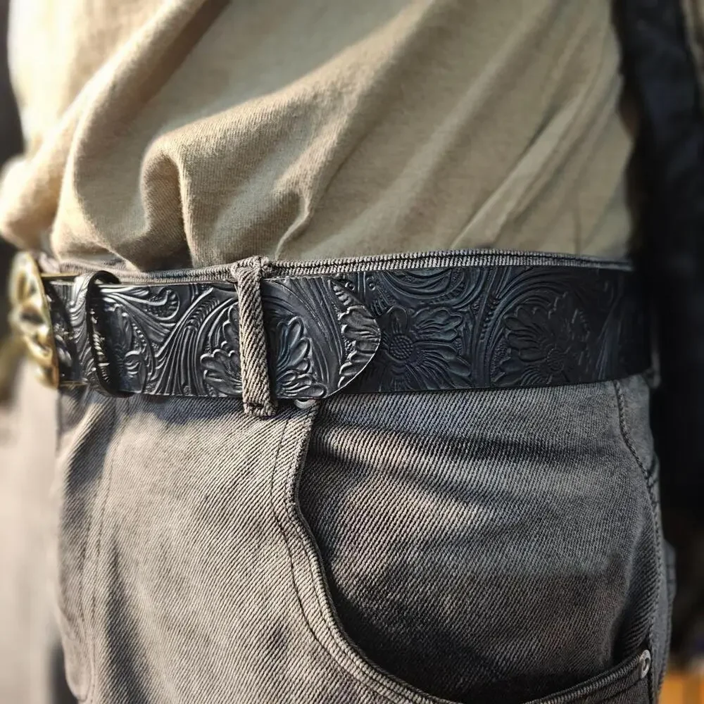Belt Gothic Tooled Leather Cross Buckle Black (45 in) ✨